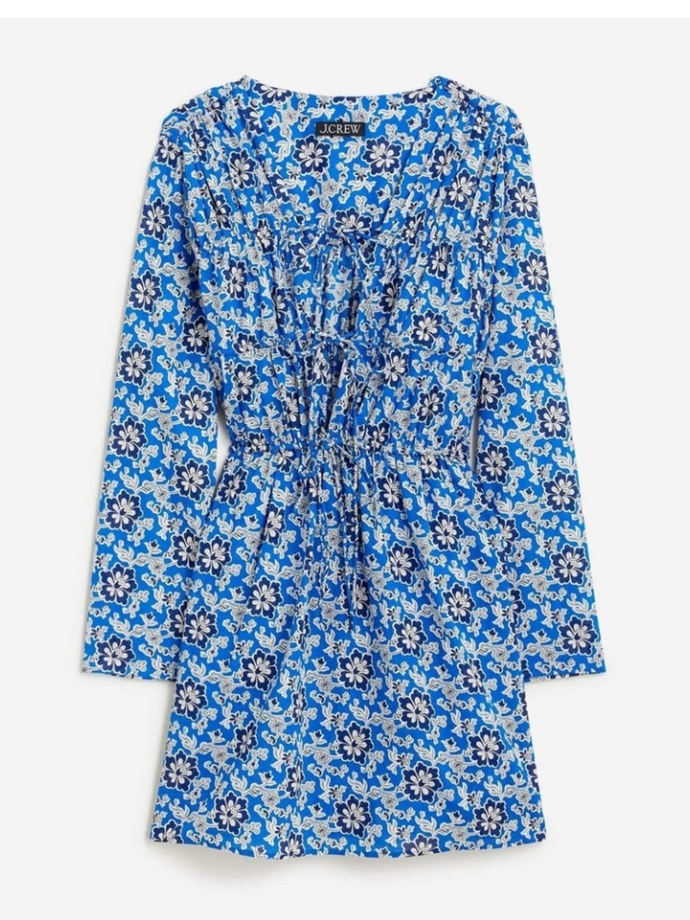 J. Crew Dress Floral Print Smocked Waist V-Neck Long Sleeve Mini XL Blue Summer